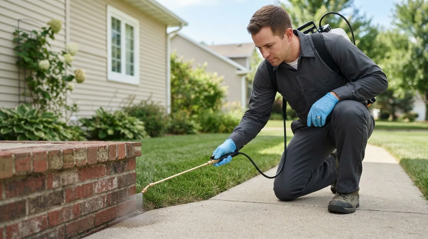 Pest control technician treating a home near San Mateo, FL