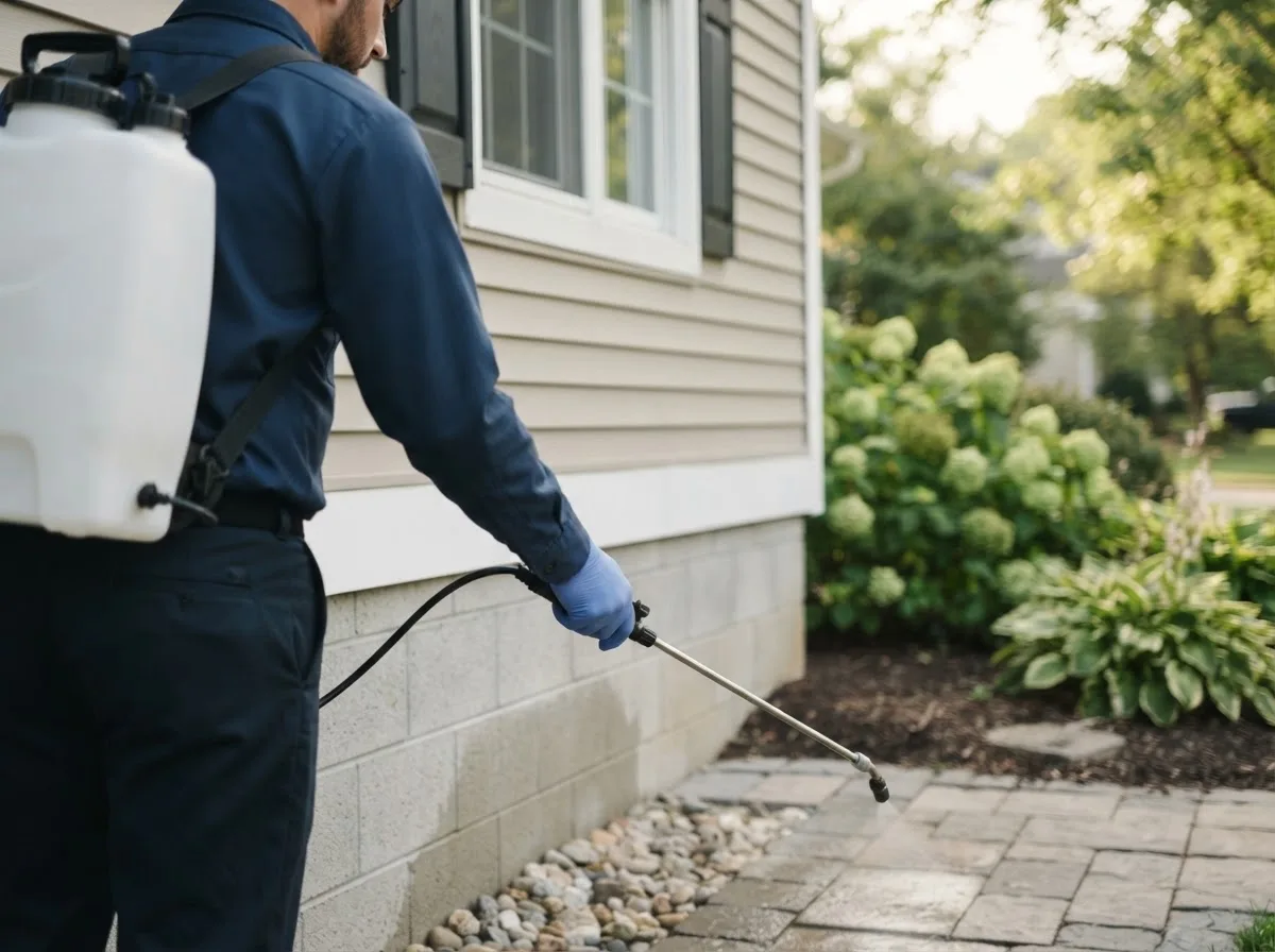 Pest control technician inspecting a home in San Mateo, FL